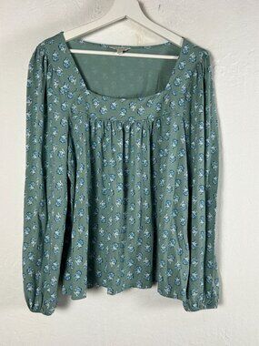 Lucky Brand Womens Long Sleeve Floral Peasant Top Large Green Square Neck Casual